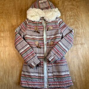 Roxy Girls Southwestern Geometric Stripe Hooded Parka Faux Fur Trim Small